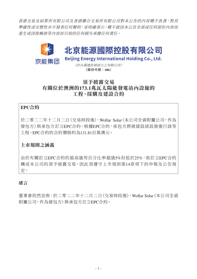 6.17億！北京能源國際簽訂173.1MW光伏EPC合約
