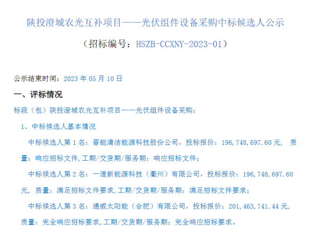 最低1.61元/W！這些企業(yè)擬中標陜投澄城農光互補項目組件采購