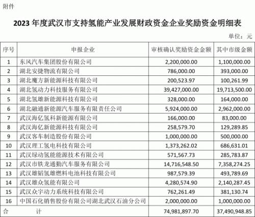 7500萬元 武漢公布氫能產業(yè)扶持資金結果