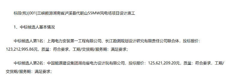 三峽能源55MW風(fēng)電項目中標(biāo)候選人公示
